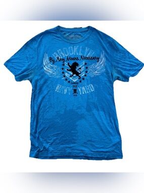 Express Affliction Style AOP Brooklyn T Shirt Men's Medium Blue Y2K Grunge Emo